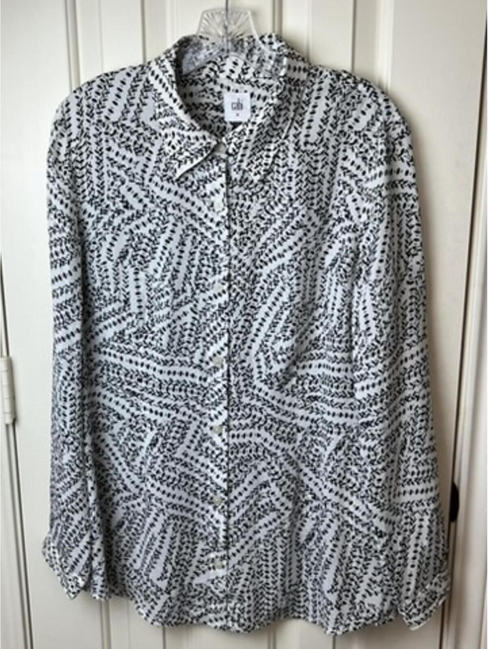CAbi LS Black White Wrap/Split Back Back Button Down Abstract Blouse 3255 MEDIUM